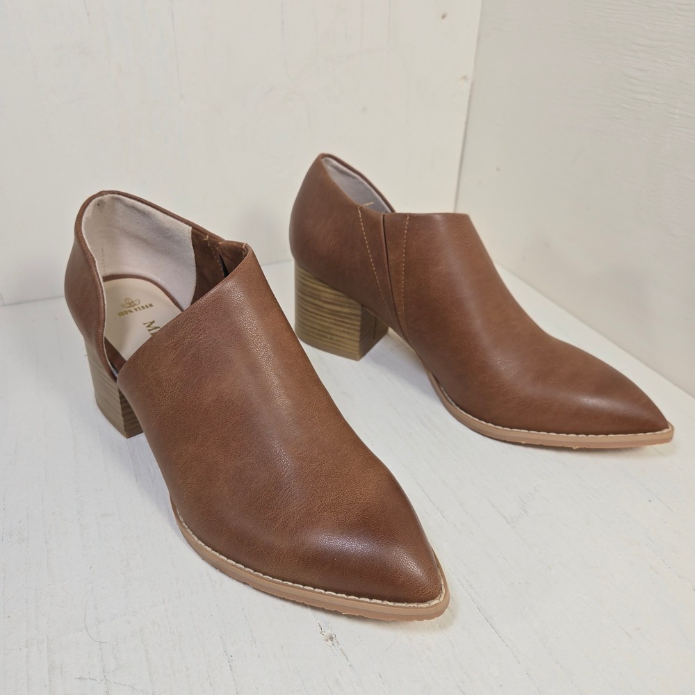 Melrose Ave Vegan Leather Brown Cutout Pointed Toe Block Heel Booties Women's 8
